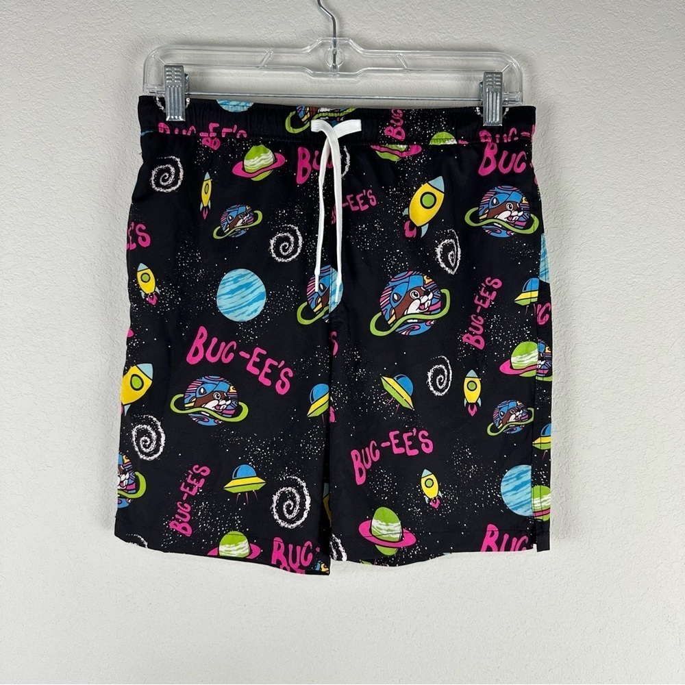 Buc-ee’s Boy’s Black Neon Outer Space Drawstring Swim Trucks Size Youth Large
